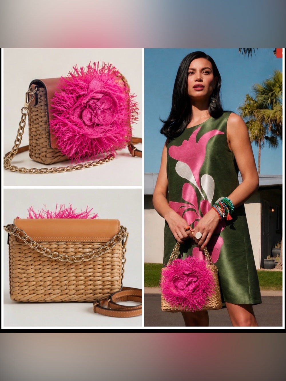 Francis Valentine Woven Mini Bag with Hot Pink Raffia Flower - NWT